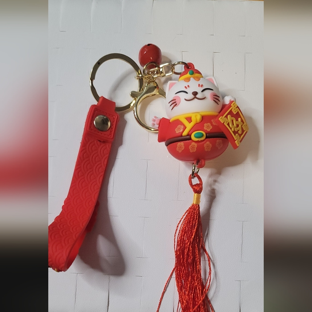 Lucky Cat Keychain with Red and Gold Accents